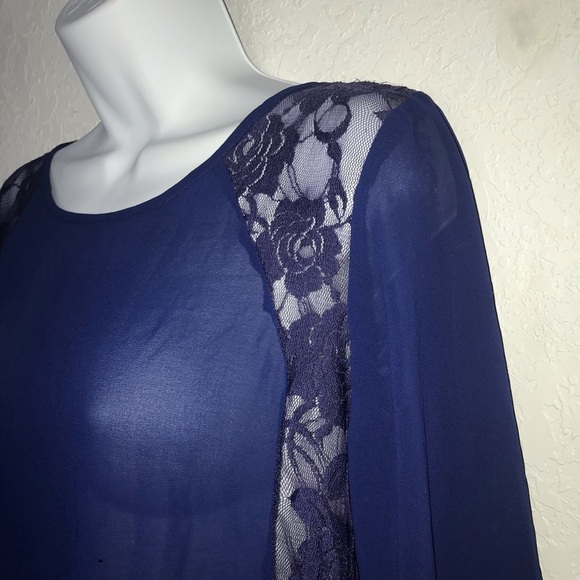 2/$20 Charming Charlie Chiffon & Lace Ruffle Navy Top L - Picture 2 of 5